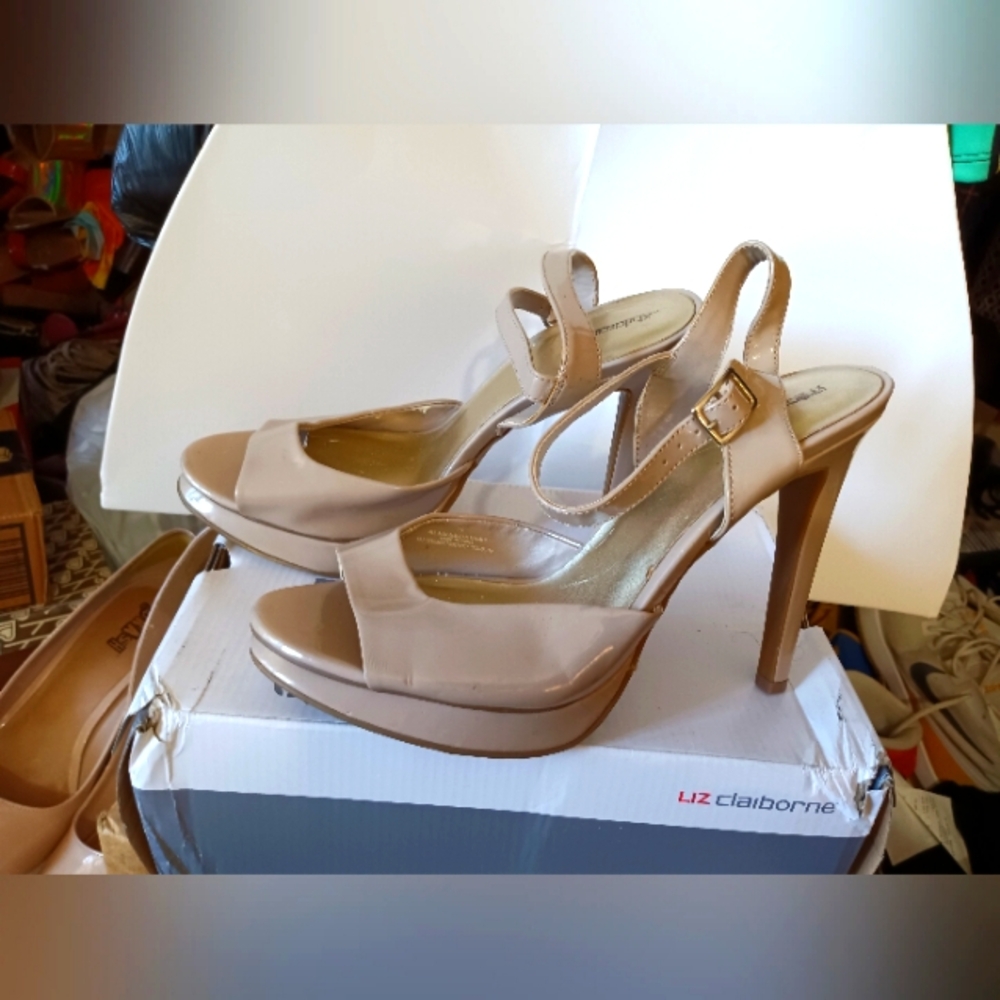 Cream patent platform heels